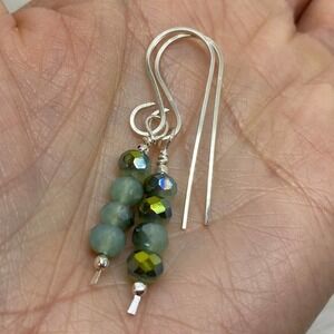 Mint Green Sterling Silver Dangle Earrings 2” Hammered French Wire Handmade Gift